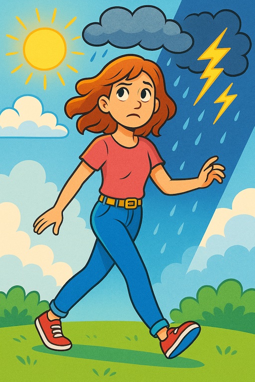 Illustration of mood changes during menopause with emotional icons and brain graphics